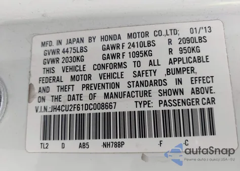 2013 Acura Tsx 2.4 z USA, uszkodzony, nr VIN JH4CU2F61DC008667